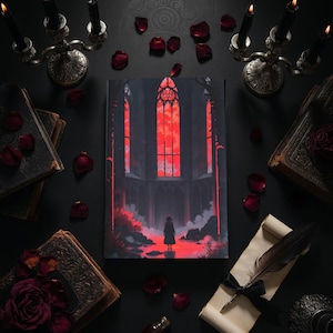 May include: A gothic-themed composition featuring a journal with a red-lit cathedral illustration, surrounded by antique books, rose petals, candles, and a quill. The dark aesthetic creates a mysterious and romantic ambiance.