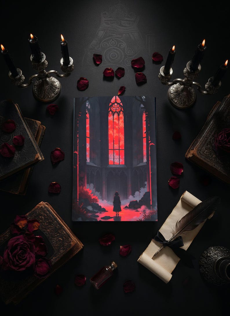 May include: A gothic-themed composition featuring a journal with a red-lit cathedral illustration, surrounded by antique books, rose petals, candles, and a quill. The dark aesthetic creates a mysterious and romantic ambiance.