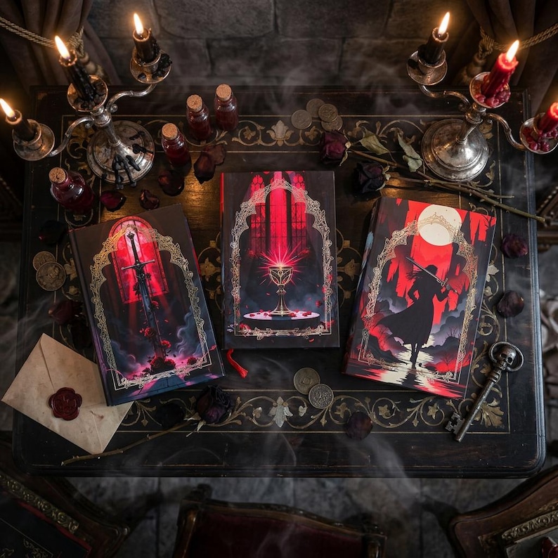 May include: Three gothic-themed journals with red and gold accents, featuring illustrations of a sword, chalice, and figure with a sword. The journals are arranged on a dark, ornate table with candles, coins, and vials.
