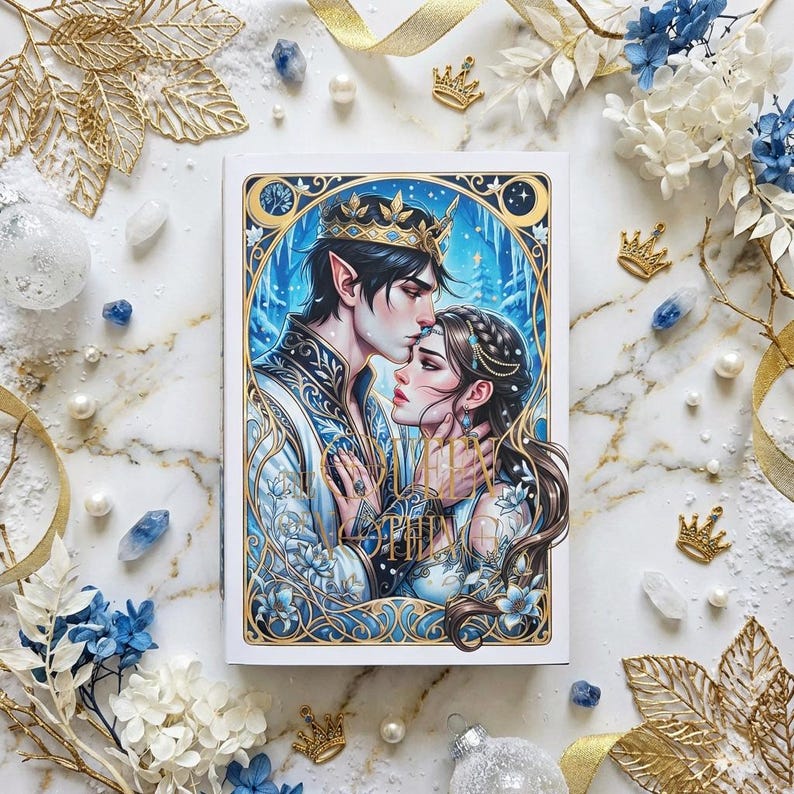 Puede incluir: Una impresi&oacute;n art&iacute;stica de fantas&iacute;a que presenta a una pareja en un abrazo amoroso, adornada con coronas y detalles intrincados. La obra de arte est&aacute; ambientada en un tel&oacute;n de fondo invernal con acentos azules y dorados, rodeada de elementos decorativos.