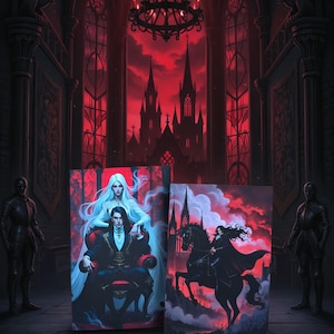 May include: Two gothic art prints featuring a dark-haired man and woman in a red-lit castle setting. One print shows a couple, the other a rider on a black horse. The background is a dramatic red sky.