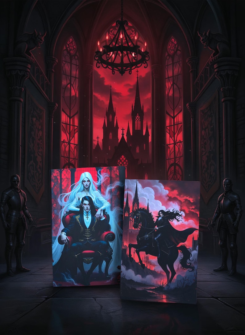May include: Two gothic art prints featuring a dark-haired man and woman in a red-lit castle setting. One print shows a couple, the other a rider on a black horse. The background is a dramatic red sky.