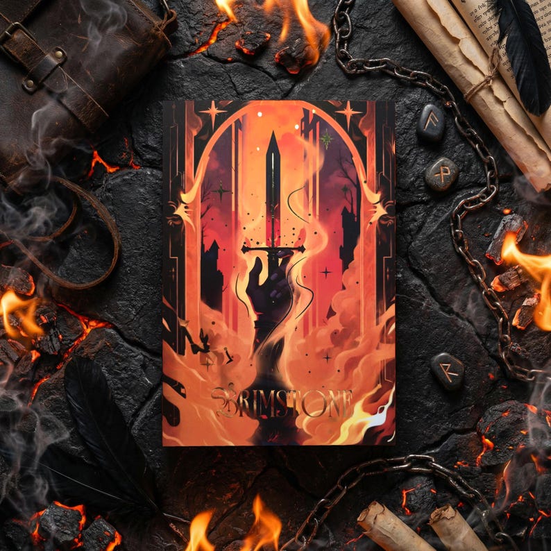 May include: A hardcover book with a fantasy illustration featuring a sword held by a hand, set against a fiery background. The title "BRIMSTONE" is visible. The book is surrounded by flames, a leather satchel, and other fantasy elements.
