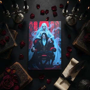 May include: An artistic print featuring a gothic couple, surrounded by candles, books, and rose petals. The artwork depicts a man and woman in a dark, romantic setting. The image is set against a black background with antique decor.