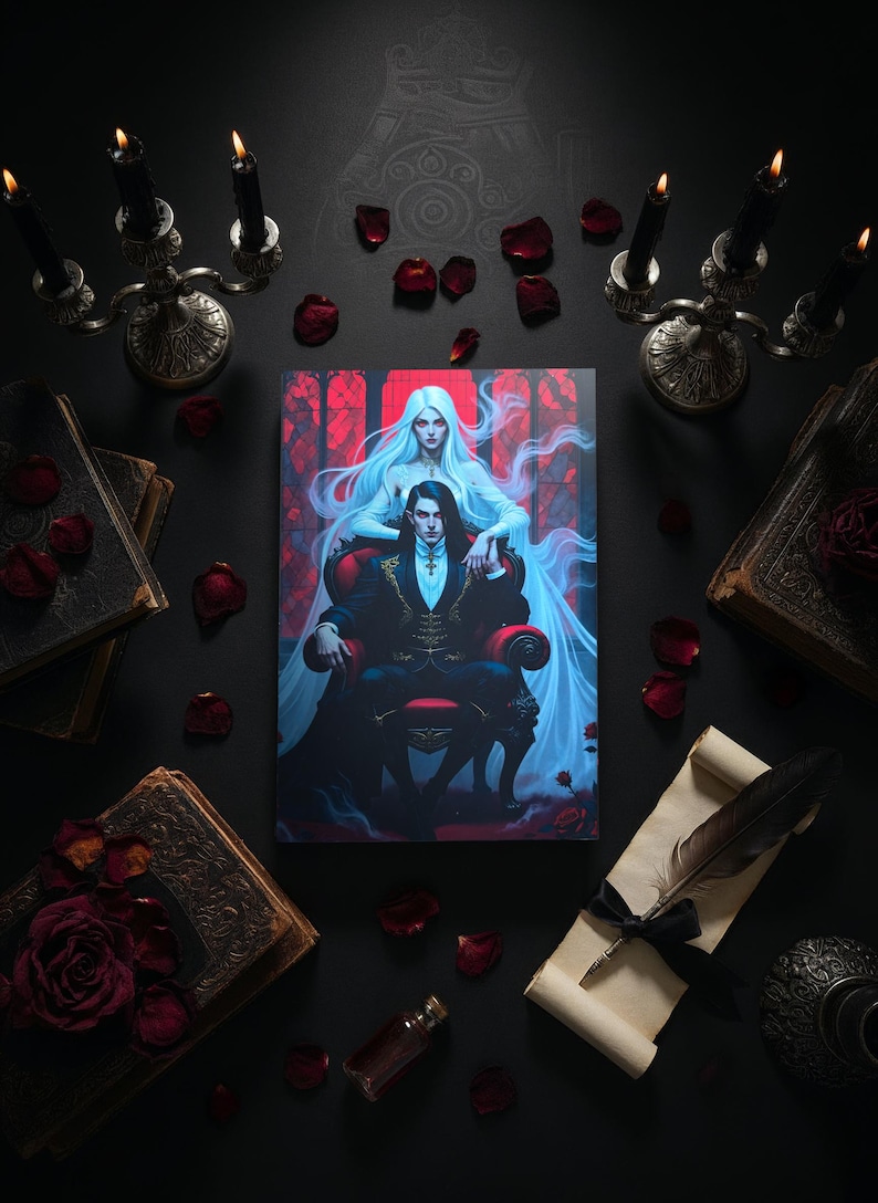 May include: An artistic print featuring a gothic couple, surrounded by candles, books, and rose petals. The artwork depicts a man and woman in a dark, romantic setting. The image is set against a black background with antique decor.