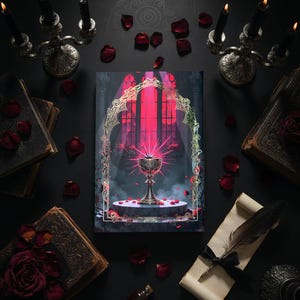 May include: An artistic composition featuring a central image of a chalice with a red glow, framed by an ornate archway. The scene is surrounded by antique books, candles, and rose petals, creating a gothic or fantasy theme.
