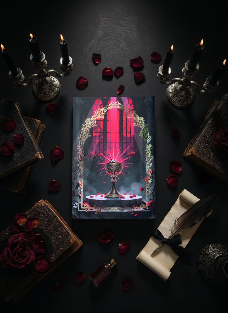 May include: An artistic composition featuring a central image of a chalice with a red glow, framed by an ornate archway. The scene is surrounded by antique books, candles, and rose petals, creating a gothic or fantasy theme.