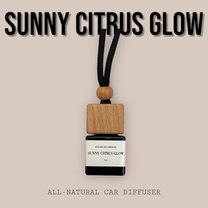 Könnte beinhalten: Eine schwarze Auto-Duftflasche mit einem Holzdeckel und einer schwarzen Schnur, die daran hängt. Die Flasche ist mit "Sunny Citrus Glow" und "Studio and Rita Candle Co." beschriftet. Der Text "All-Natural Car Diffuser" befindet sich unter der Flasche.