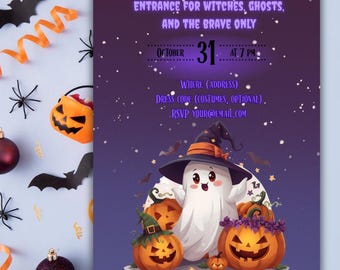 Editable Halloween card template  |Two version Printable & digital invitation | Double-sided Halloween card with ghosts, pumpkins, spiders