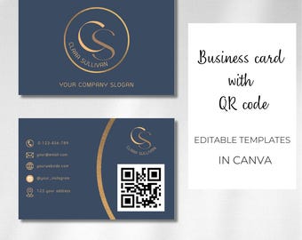 Double-sided Business Card with QR Code | Editable Business Card in Canva | Golden and blue business card
