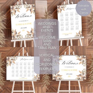 May include: Editable wedding welcome sign and table plan template with a watercolor floral design in shades of brown and gold. The text reads "Welcome to the wedding of Tomas & Sophie 09.11.20XX".
