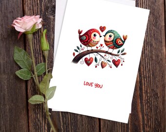 A “Love you” birds card | Romantic design for anniversaries ( PNG and PDF format) | Download and printable card
