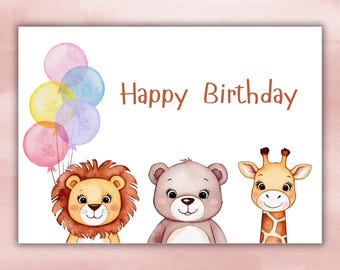 Animal card for children | | Adorable children's gift card with cut and fold marks | Birthday card of lion, giraffe and bear