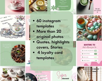May include: A collage of images promoting a tea shop. The images feature various types of tea, teacups, and tea-related items. The text on the images includes "Love Tea!" and "Super Discount!" along with information about the shop's Instagram templates, original photos, quotes, highlights, covers, stories, and loyalty card templates.