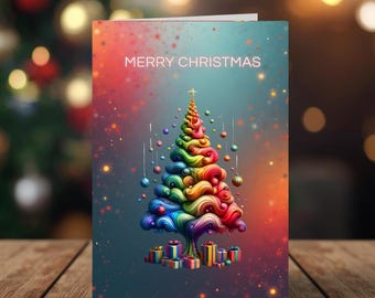 Printable Christmas card with colorful and bright tree |  Envelope template | Fantasy digital Christmas greeting card | CHR006