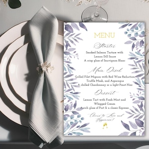 Karta menu weselnego i okolicznościowego | Karta menu dwustronna | Wydarzenia specjalne | Możliwość edycji za pomocą Canva | Natychmiastowe pobranie | Fioletowa i niebieska karta
