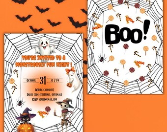 Printable & digital Halloween party invitation card| Editable Double-sided Halloween card Canva Template
