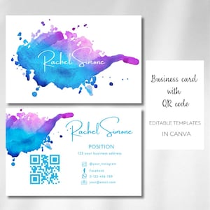 May include: A business card template with a watercolor background in shades of blue and purple. The template features a QR code, contact information, and the text "Rachel Simone" and "POSITION". The text "Business card with QR code" and "EDITABLE TEMPLATES IN CANVA" is also included.