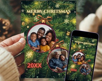Christmas Card with Family Photos | Christmas Ball Design | Customizable Fhotos | Digital or printable template | CHR001