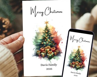 Editable Watercolor Christmas Card | Abstract Tree Design | Printable & Digital Download | Canva Template for Phone or Print| CHR004