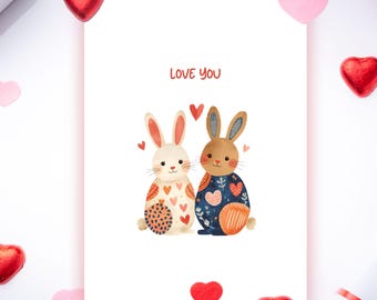 Love you  Card | Naive Style Rabbits, Hearts (PNG, PDF Digital Download) Romantic Design Ideal for Valentine's Day and Anniversaries
