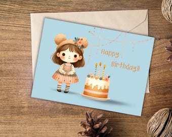 Cute Happy Birthday card for gir | Birthday cake card | Instant Digital Download |  | Third birthday greeting card
