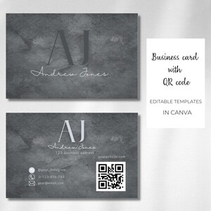 May include: A gray business card template with a QR code, the initials AJ, and the name Andrew Jones. The text "Business card with QR code" and "Editable Templates in Canva" is also included.