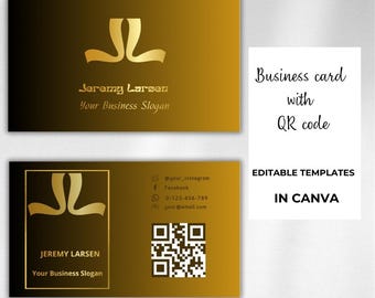 Double-sided Business Card with QR Code | Editable Professional Card in Canva | Golden Card | BC-QR9