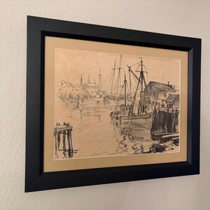 Emile A. Gruppe Original 1941 Harbor Drawing Signed Gloucester Scene Framed