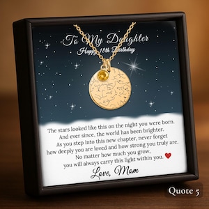 May include: A gold-colored necklace with a round pendant featuring a star map design and a yellow gemstone. The necklace is displayed in a black frame with text that reads "To My Daughter Happy 18th Birthday" and a heartfelt message from "Love, Mom."