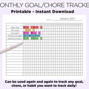 Minimalistische maandelijkse gewoonte tracker/doel tracker/karwei grafiek afdrukbaar//downloadbare letter of A4-formaat, doel log, Bullet Journal