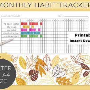 Fall Leaves Daily Habit Tracker Calendar Monthly PRINTABLE // Downloadable Letter or A4 Size, Leaf Designs, Goal Planner, Bullet Journal