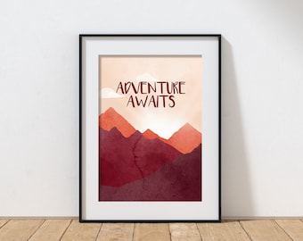 Adventure Awaits Mountain Sunrise Nursery Art Print - Digital Download - Printable Artwork