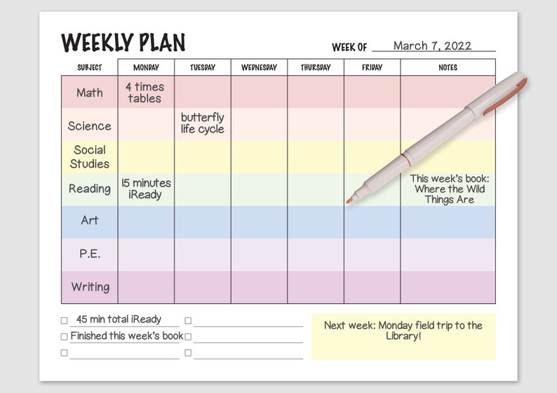 Weekly Homeschool Planner Printable Schedule // Downloadable Letter or A4 Size image 2