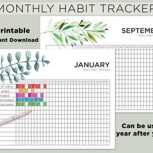 Daily Habit Tracker Calendar Monthly PRINTABLE // Downloadable Letter or A4 Size, Leaf Designs, Goal Planner, Goal Log, Bullet Journal