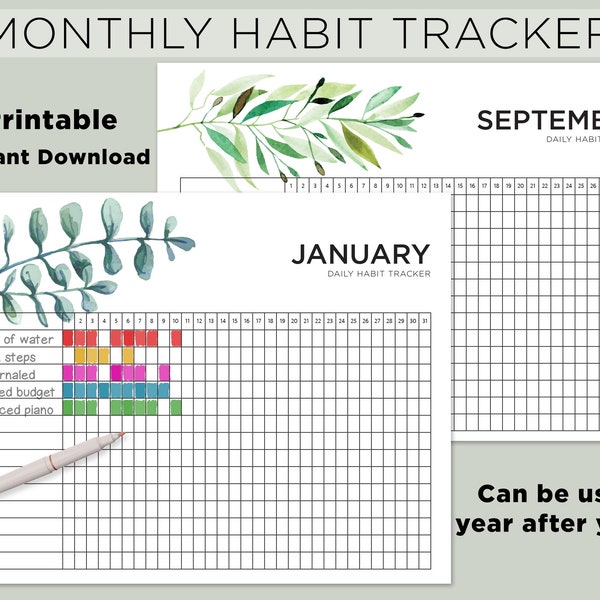 Daily Habit Tracker Kalender Maandelijks AFDRUKBAAR // Downloadbare Letter- of A4-formaat, Bladontwerpen, Doelplanner, Doellogboek, Bullet Journal