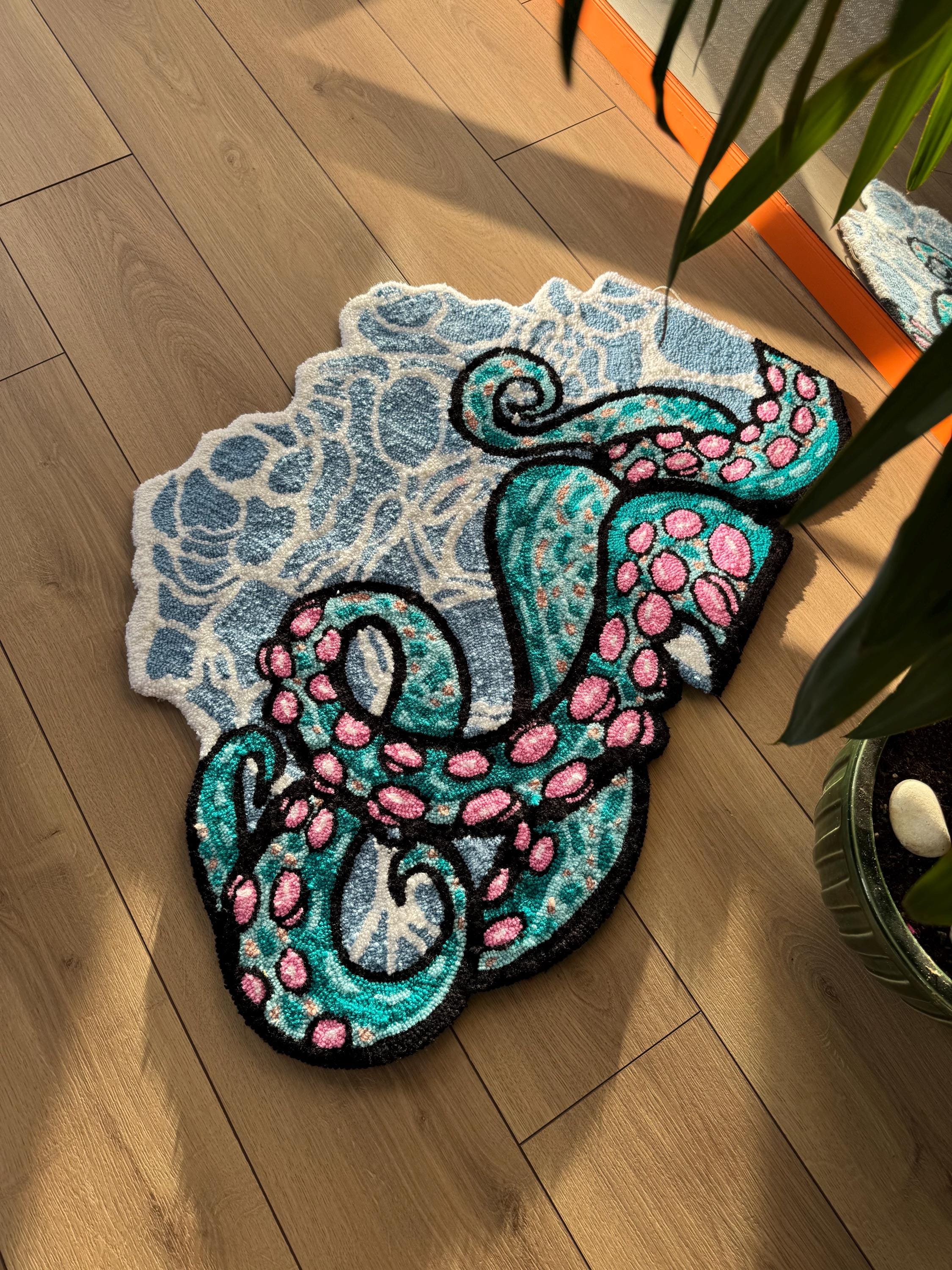 Octopus Channel Rug Handmade Octopus Rug - Colorful Tufted Wall Hanging - Vibrant Nautical ...
