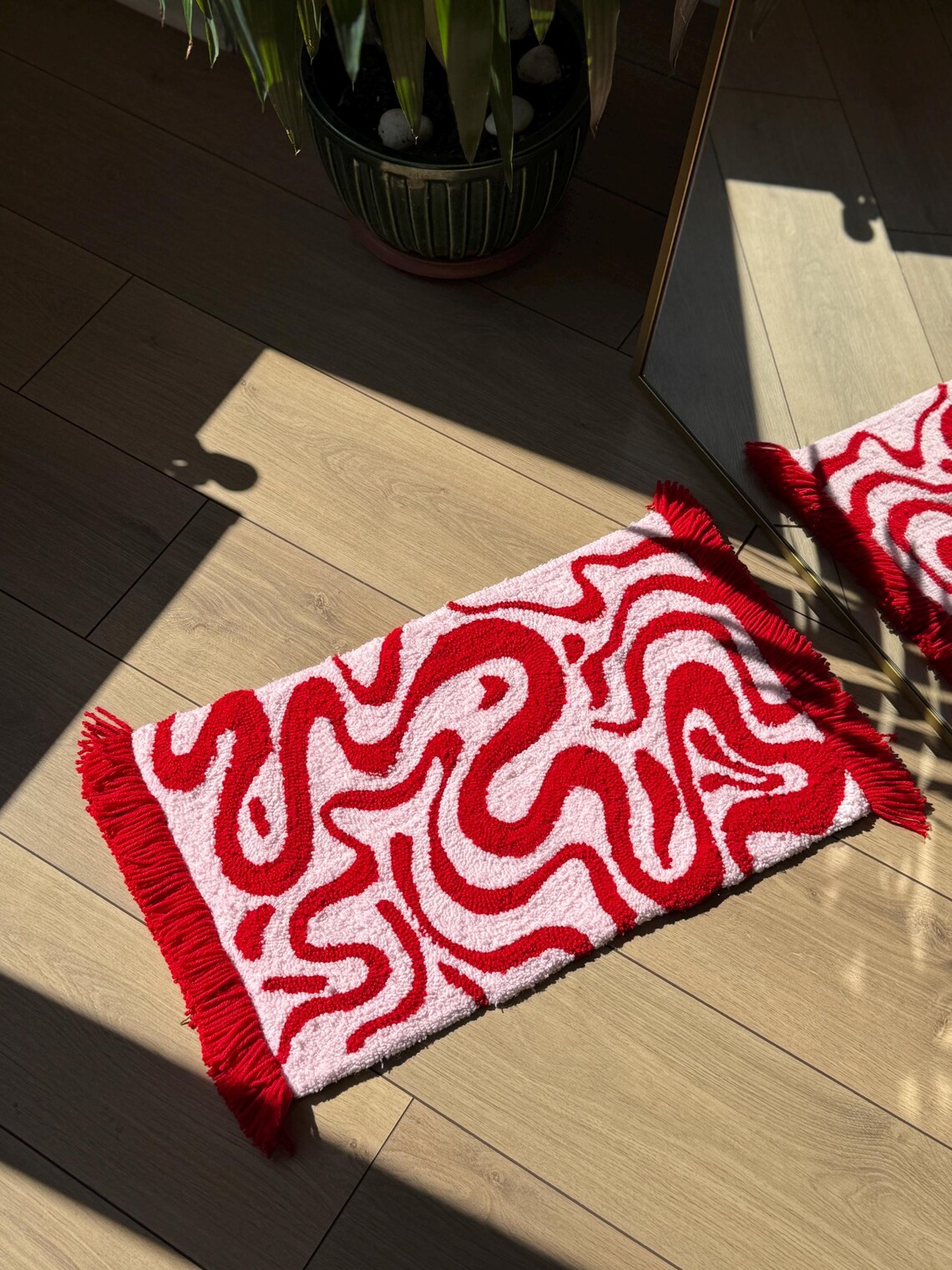 Red and Baby Pink Tufted Rug – Handmade Soft Color Block Carpet ...