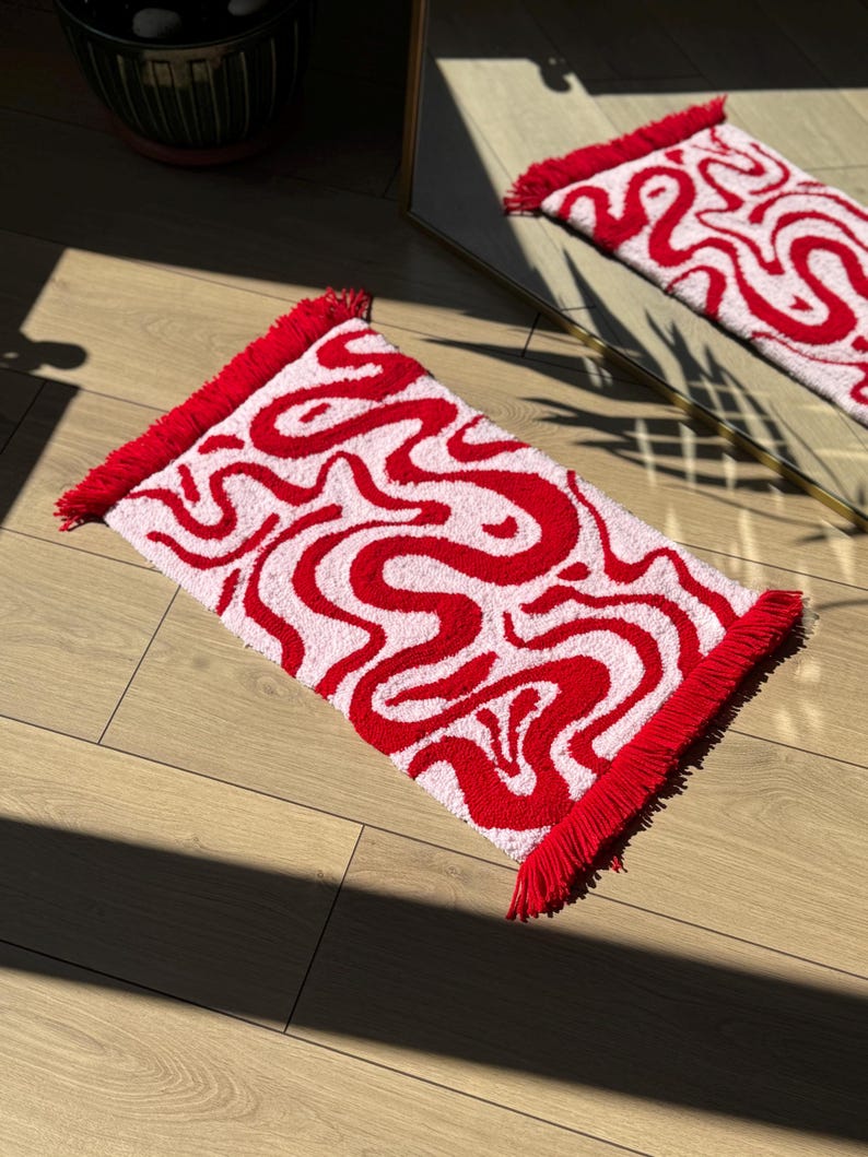 Red and Baby Pink Tufted Rug – Handmade Soft Color Block Carpet ...