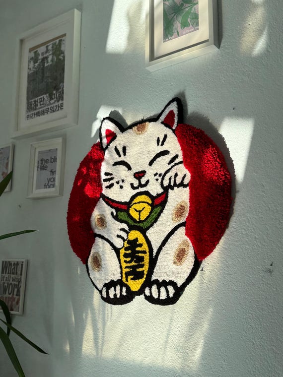 Handmade 3D Tufted Lucky Cat Rug – Maneki Neko Welcome Mat