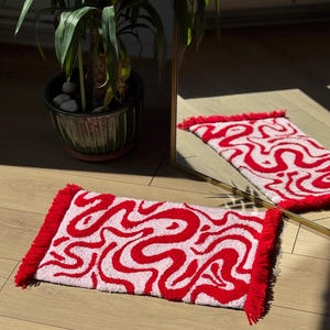 Red and Baby Pink Tufted Rug – Handmade Soft Color Block Carpet ...