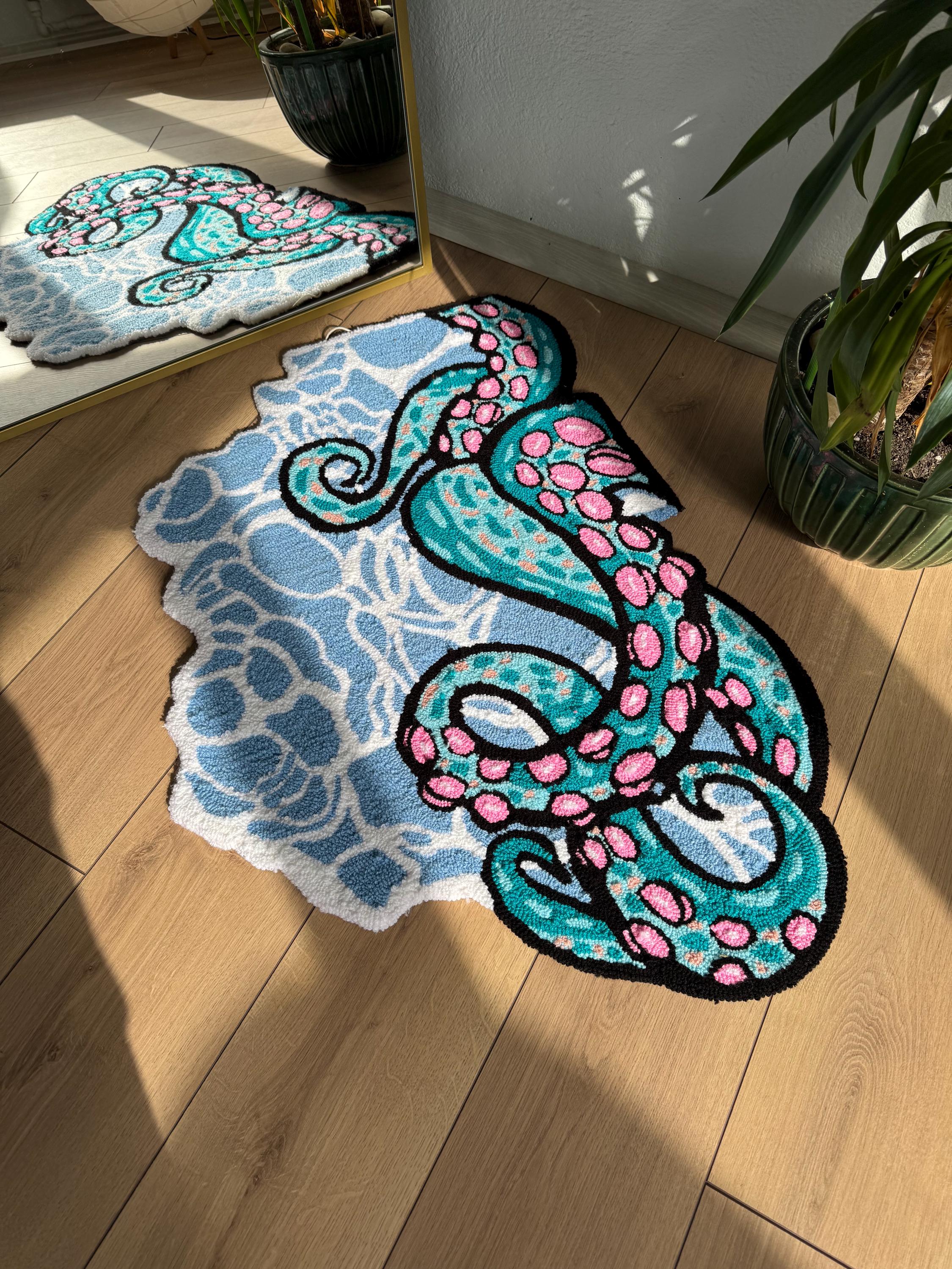Octopus Channel Rug Handmade Octopus Rug - Colorful Tufted Wall Hanging - Vibrant Nautical ...