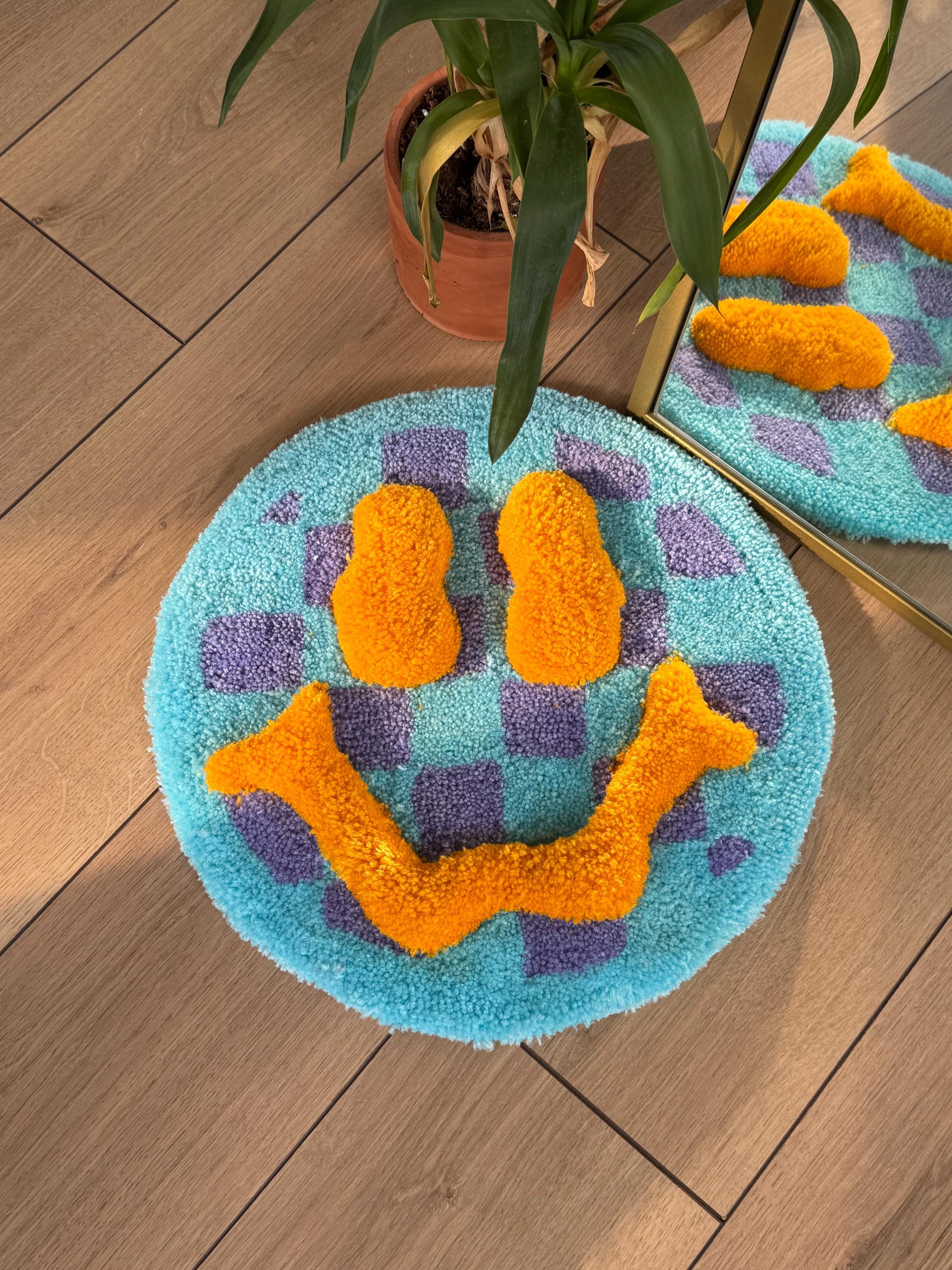 3D Acid Fluffy Checkered Smile Face Tufted Rug, Handmade Tufted