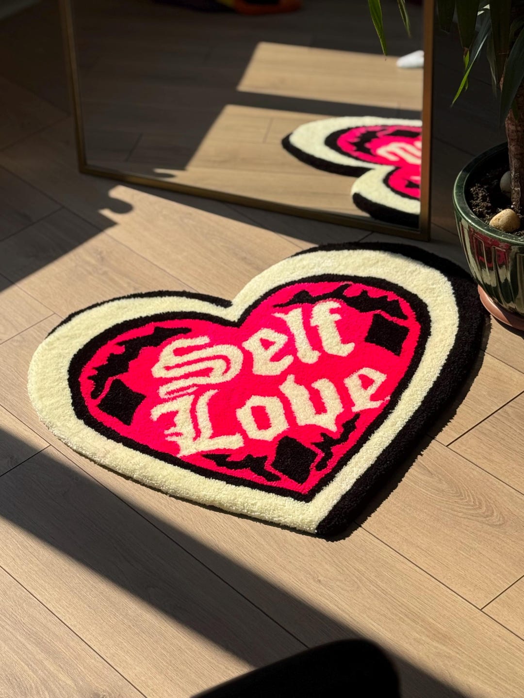 Handmade Self Love Heart Tufted Rug Bold Lettering Gothic Pink Red