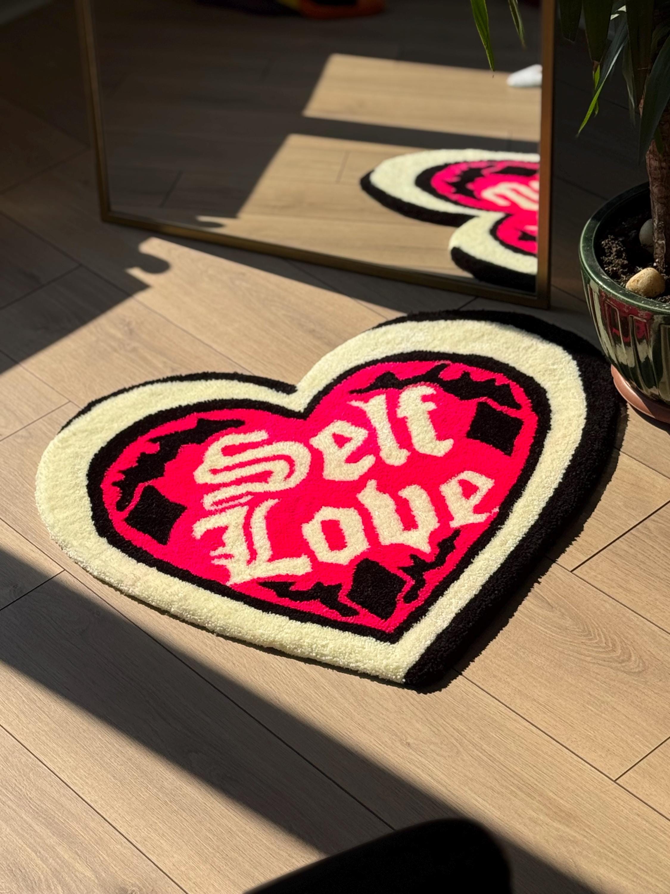 Handmade Self Love Heart Tufted Rug Bold Lettering Gothic Pink Red