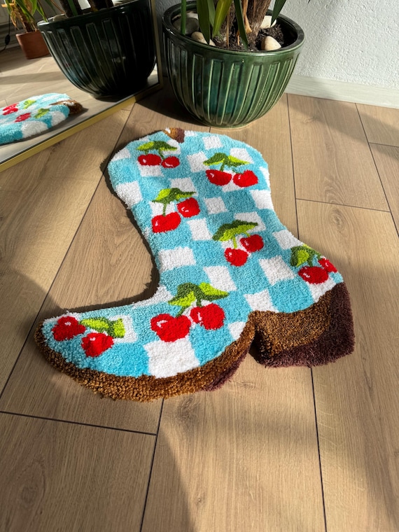 Checkered Cherry Cowboy Boots Tufted Rug - Western Home Decor, Boho Area Rug, Rustic Cowboy Style, Farmhouse Floor Mat, Unique Gift