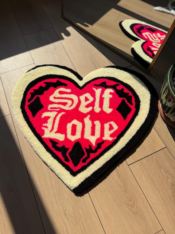 Handmade Self Love Heart Tufted Rug Bold Lettering Gothic Pink Red