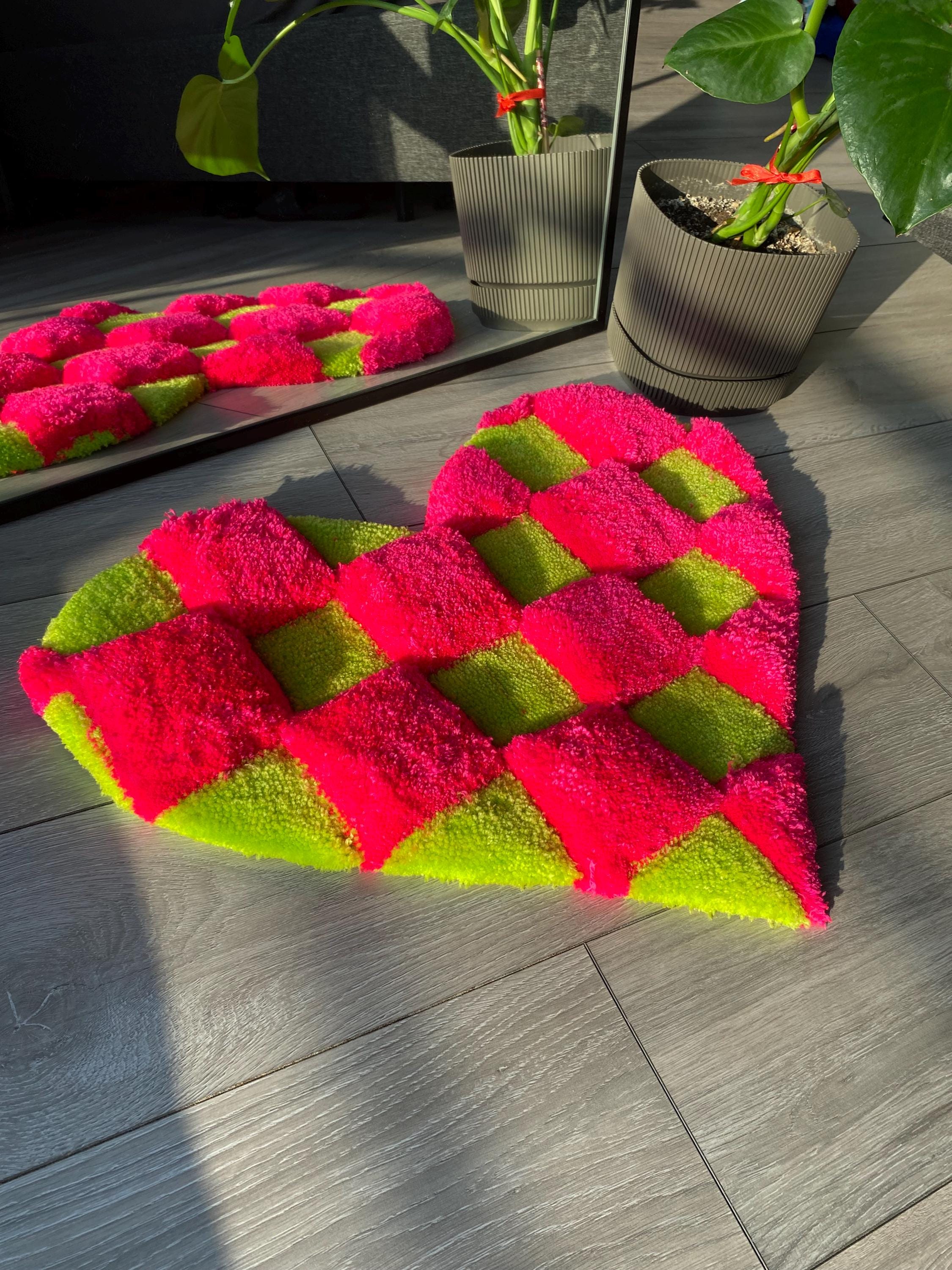 3D Heart Shaped Tufted Rug Pink & Green Checkerboard Design