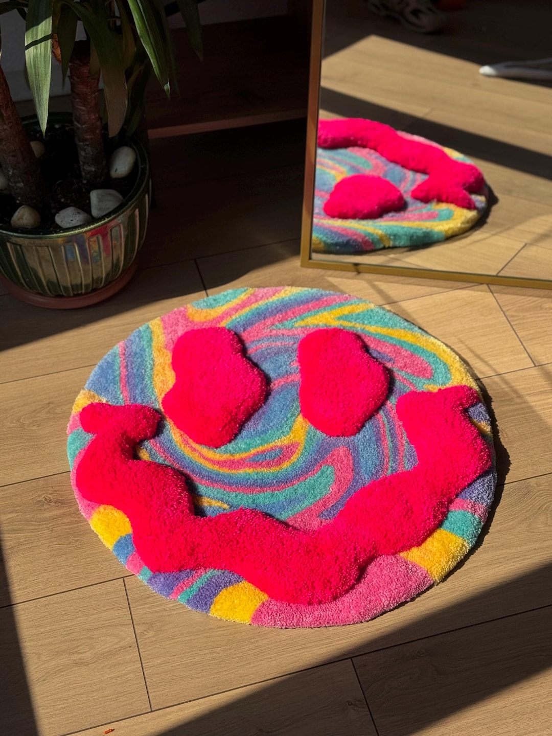 Handmade 3D Smiley Face Tufted Rug Colorful Round Swirl Carpet