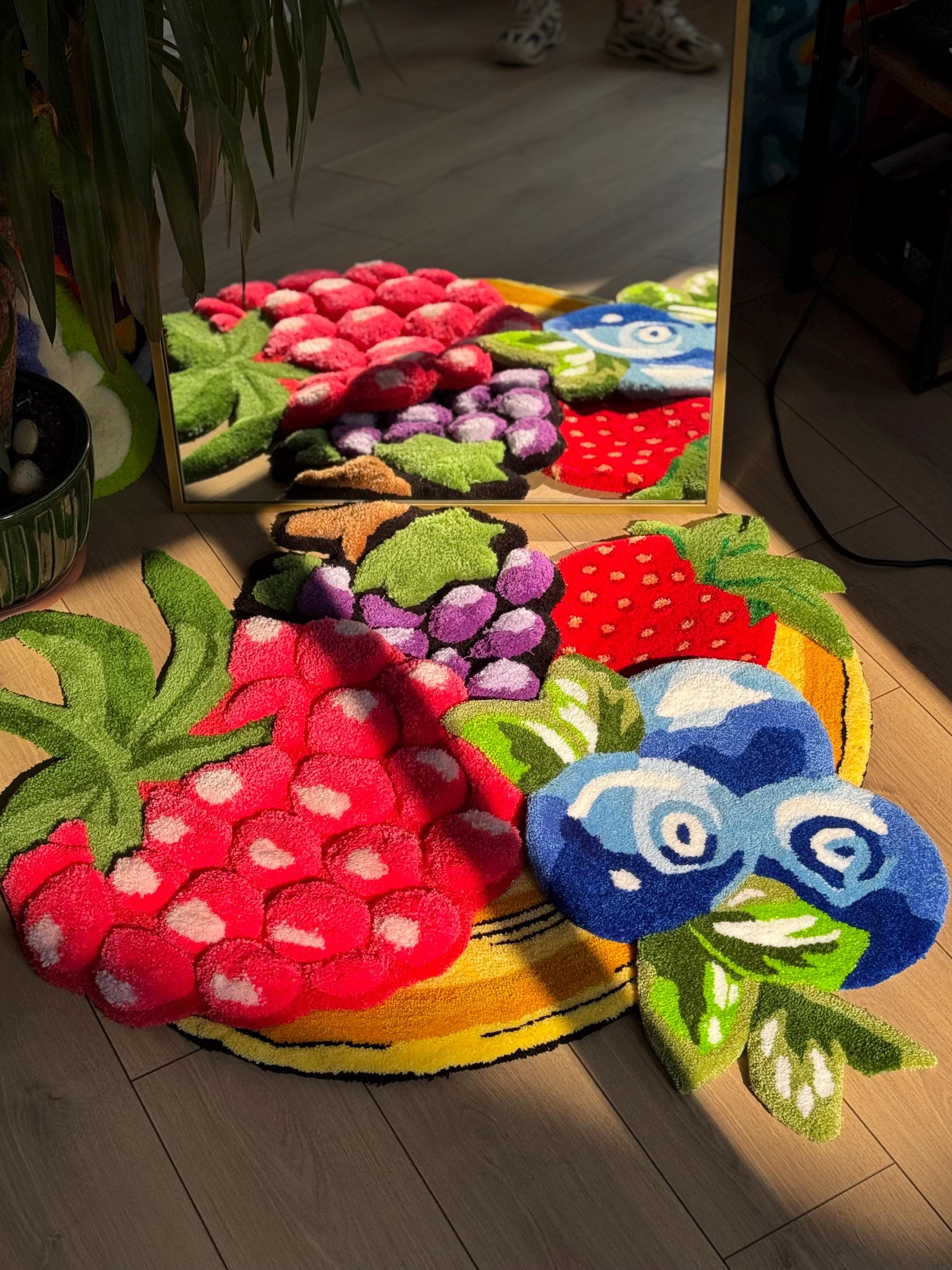 Colorful 3D Fruit Basket Rug – Handmade Tufted Raspberry, Grape